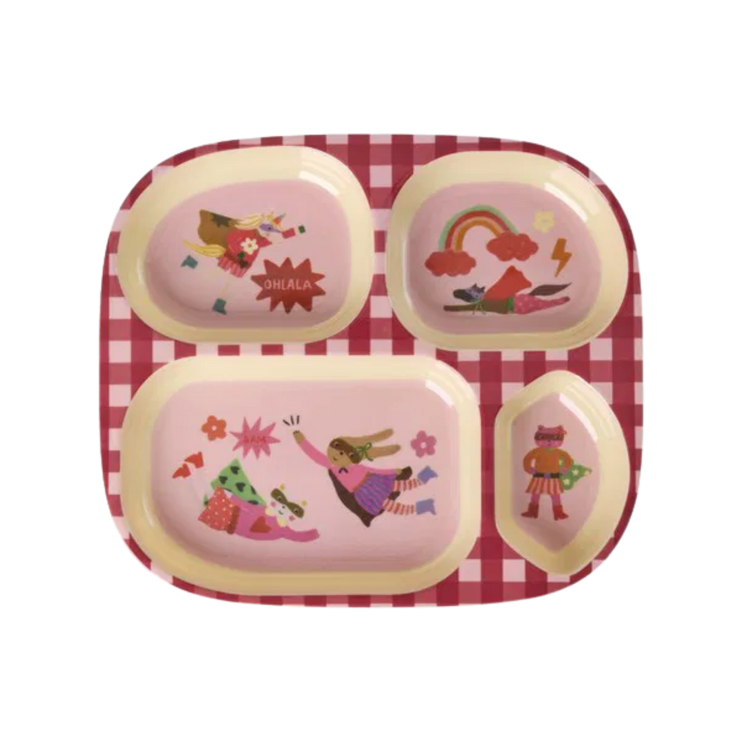 Melamine Kids 4 Room Plate with Hero Print – Pink - Rice By Rice