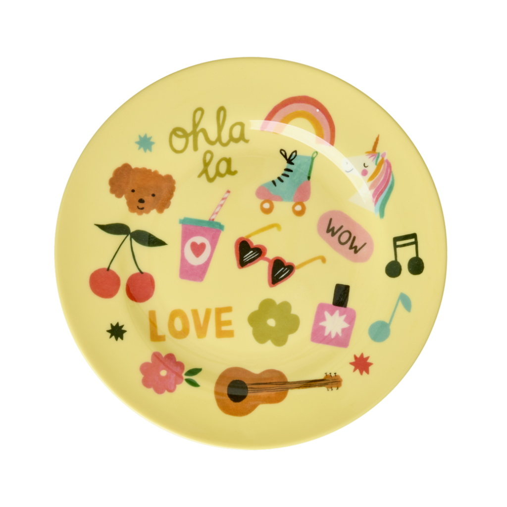 Round Kids Plate - Soft Yellow - Unicorn Love Print - Rice By Rice