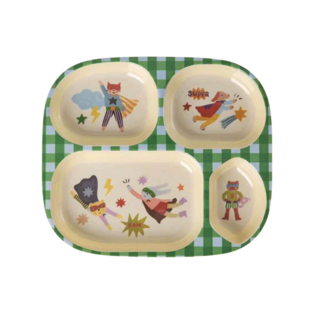 Melamine Kids 4 Room Plate with Hero Print - Green - Rice By Rice