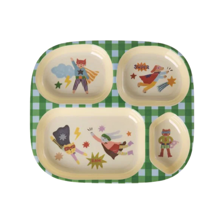 Melamine Kids 4 Room Plate with Hero Print - Green - Rice By Rice