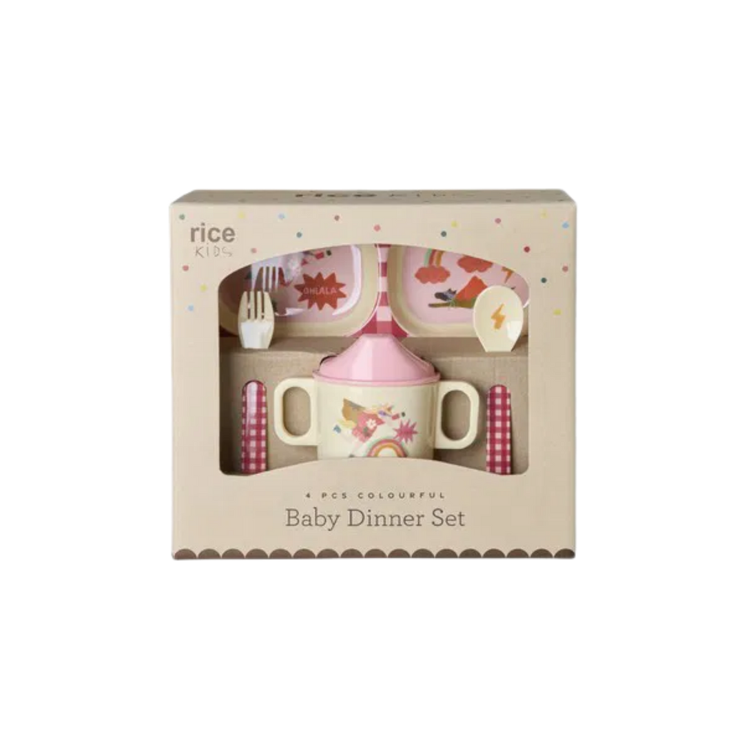 Melamine Baby Dinner Set in Giftbox – Hero Print – Pink – 4 pcs - Rice By Rice