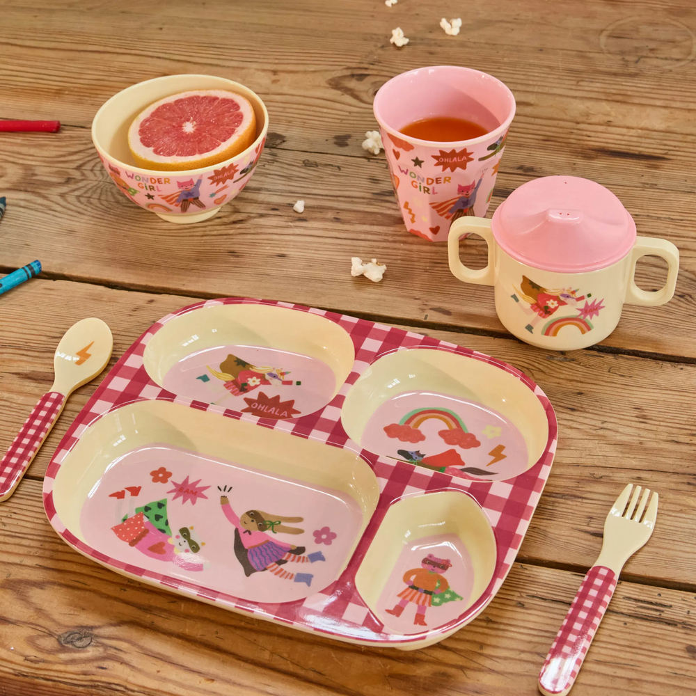 Melamine Baby Dinner Set in Giftbox – Hero Print – Pink – 4 pcs - Rice By Rice