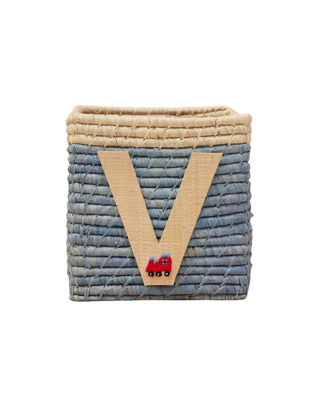 Raffia Basket in Blue with Nature Border with One Raffia Letter - V - Rice By Rice