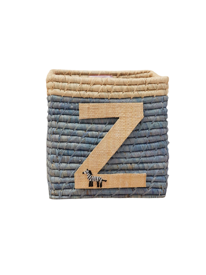 Raffia Basket in Blue with Nature Border with One Raffia Letter - Z - Rice By Rice