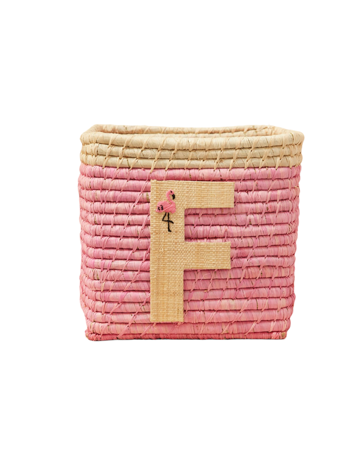 Raffia Basket in Soft Pink in Nature Border with One Raffia Letter - F - Rice By Rice