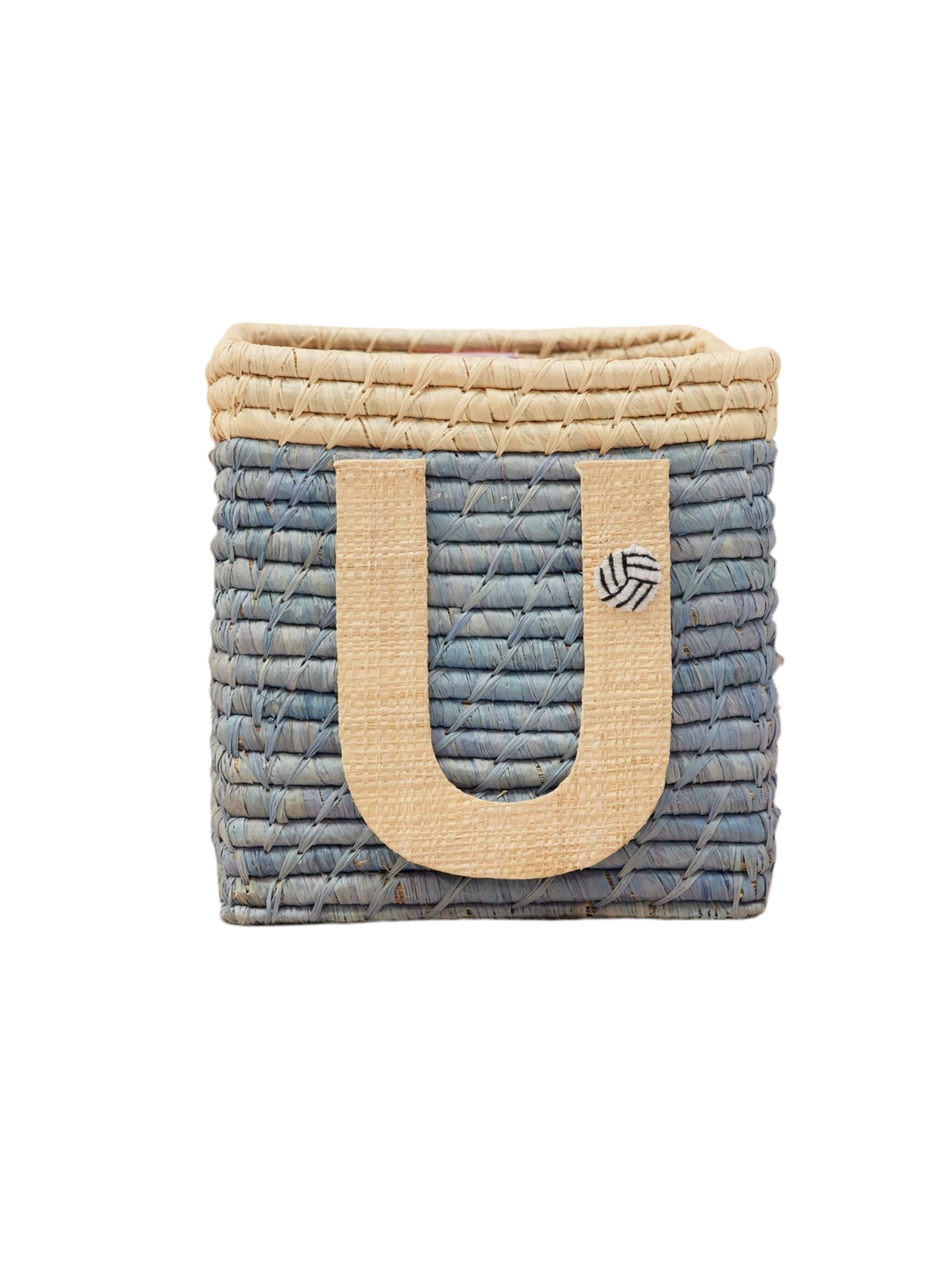 Raffia Basket in Blue with Nature Border with One Raffia Letter - U - Rice By Rice