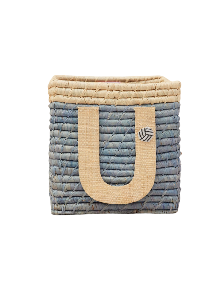 Raffia Basket in Blue with Nature Border with One Raffia Letter - U - Rice By Rice