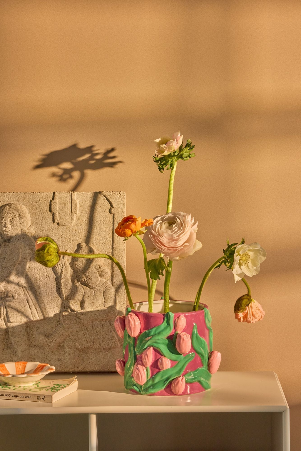 Ceramic Flower Pot - Bordeaux - Embossed Tulips Design