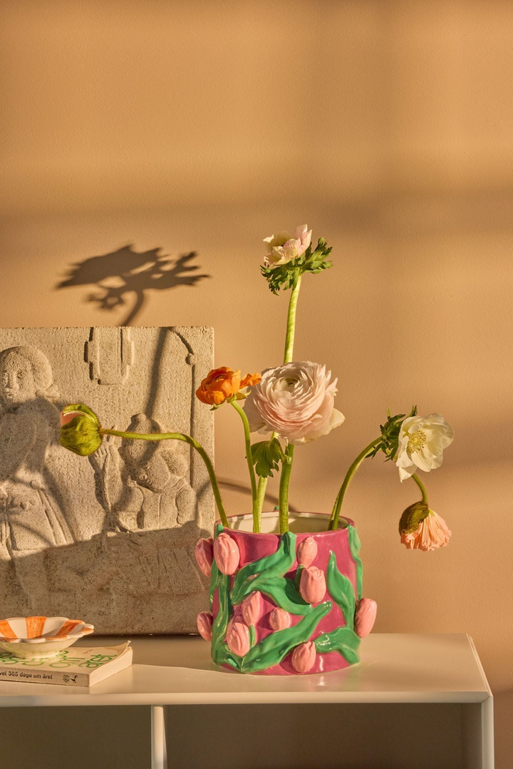 Ceramic Flower Pot - Bordeaux - Embossed Tulips Design