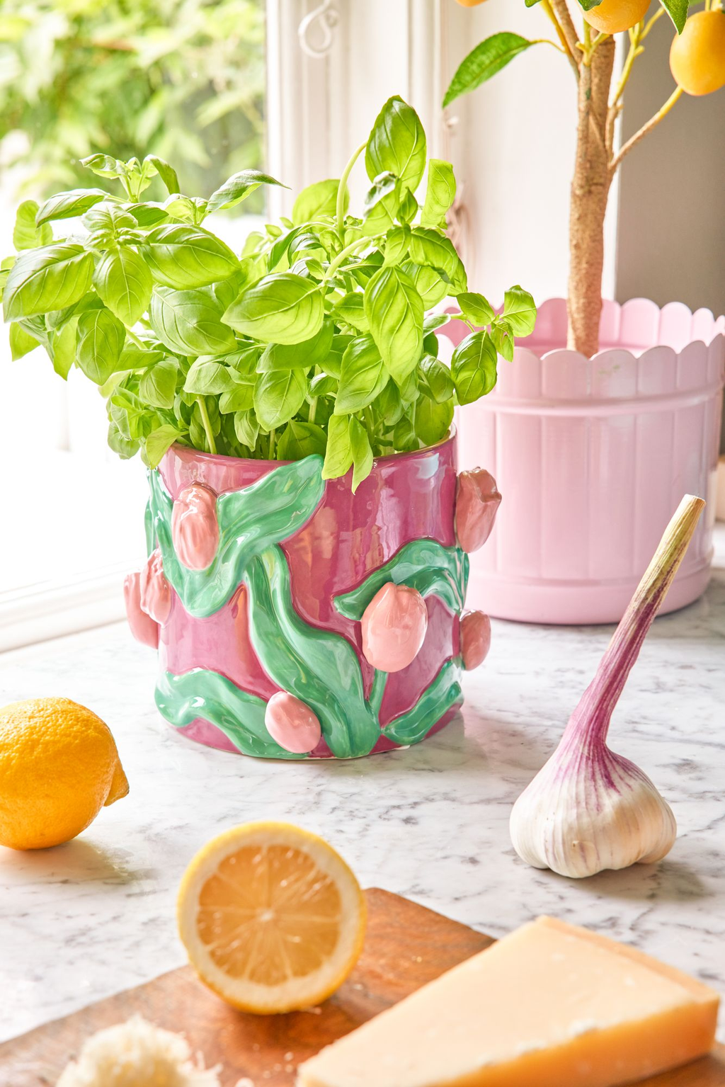 Ceramic Flower Pot - Bordeaux - Embossed Tulips Design