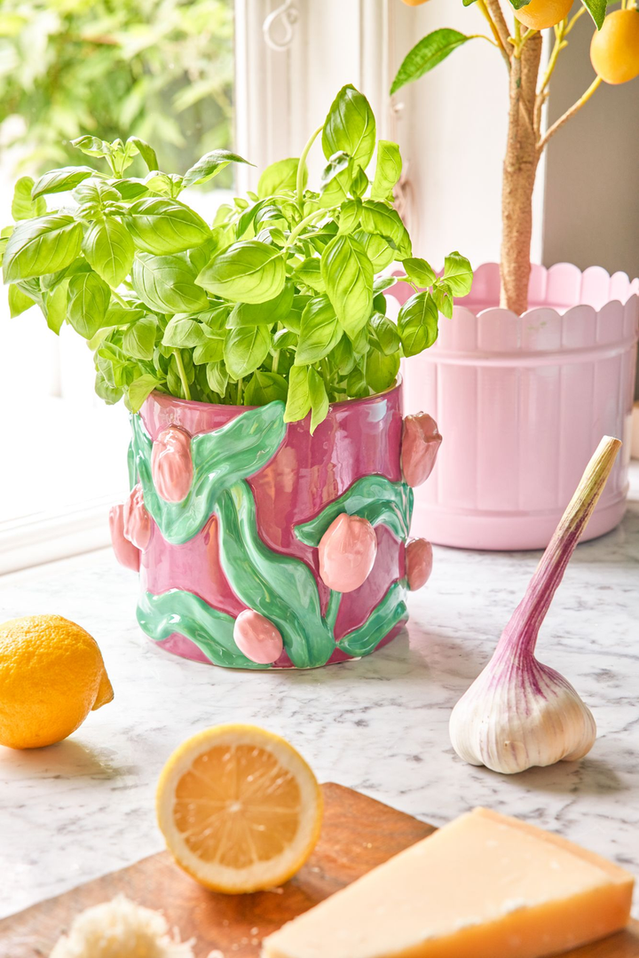Ceramic Flower Pot - Bordeaux - Embossed Tulips Design
