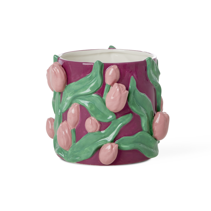 Ceramic Flower Pot - Bordeaux - Embossed Tulips Design