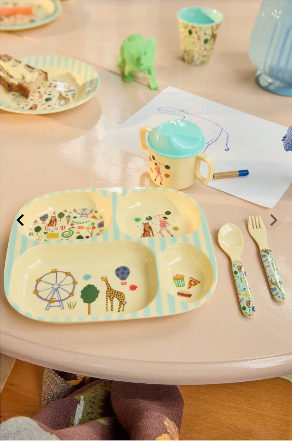 Melamine Kids 4 Room Plate - Fun Fair Mint Print - - Rice By Rice