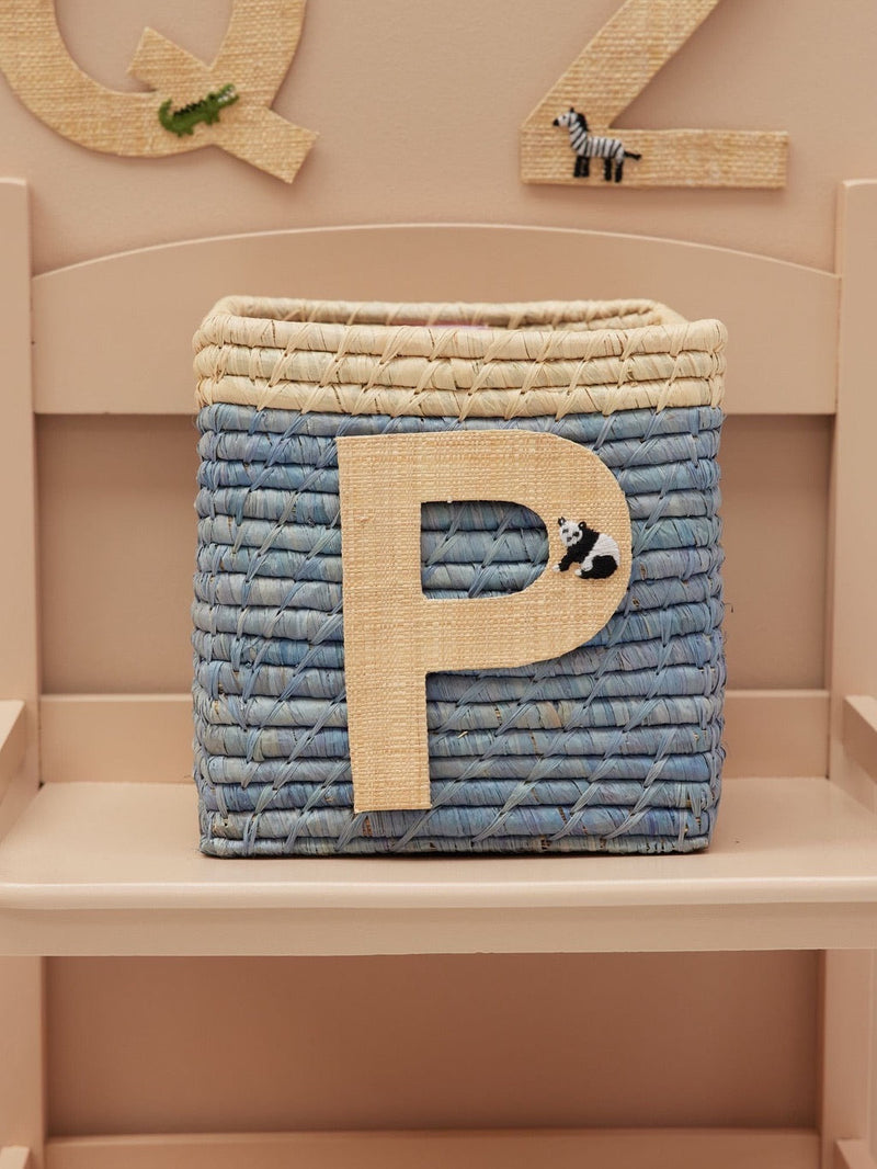 Raffia Basket in Blue with Nature Border with One Raffia Letter - P - Rice By Rice