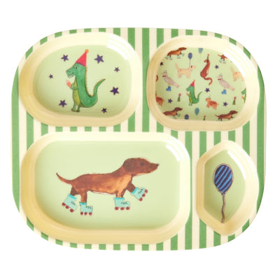 Melamine Kids 4 Room Plate - Green - Party Animal Print - Rice By Rice