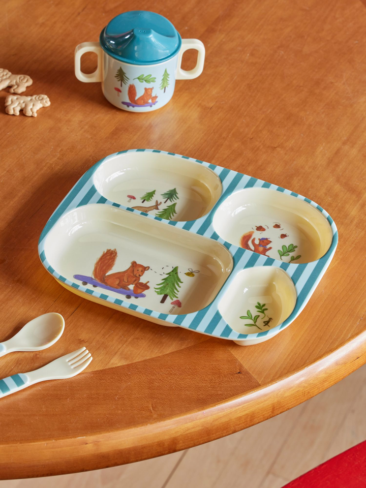 Melamine Kids 4 Room Plate - Blue Happy Forest Print - Rice By Rice