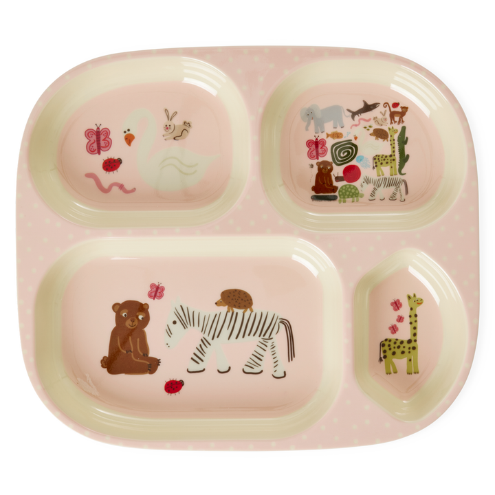 Melamine Kids 4 Room Plate - Pink Wildlife Print - Rice By Rice