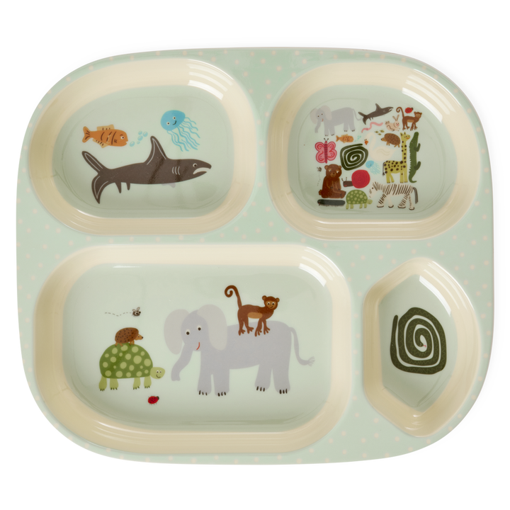 Melamine Kids 4 Room Plate - Mint Wildlife Print - Rice By Rice