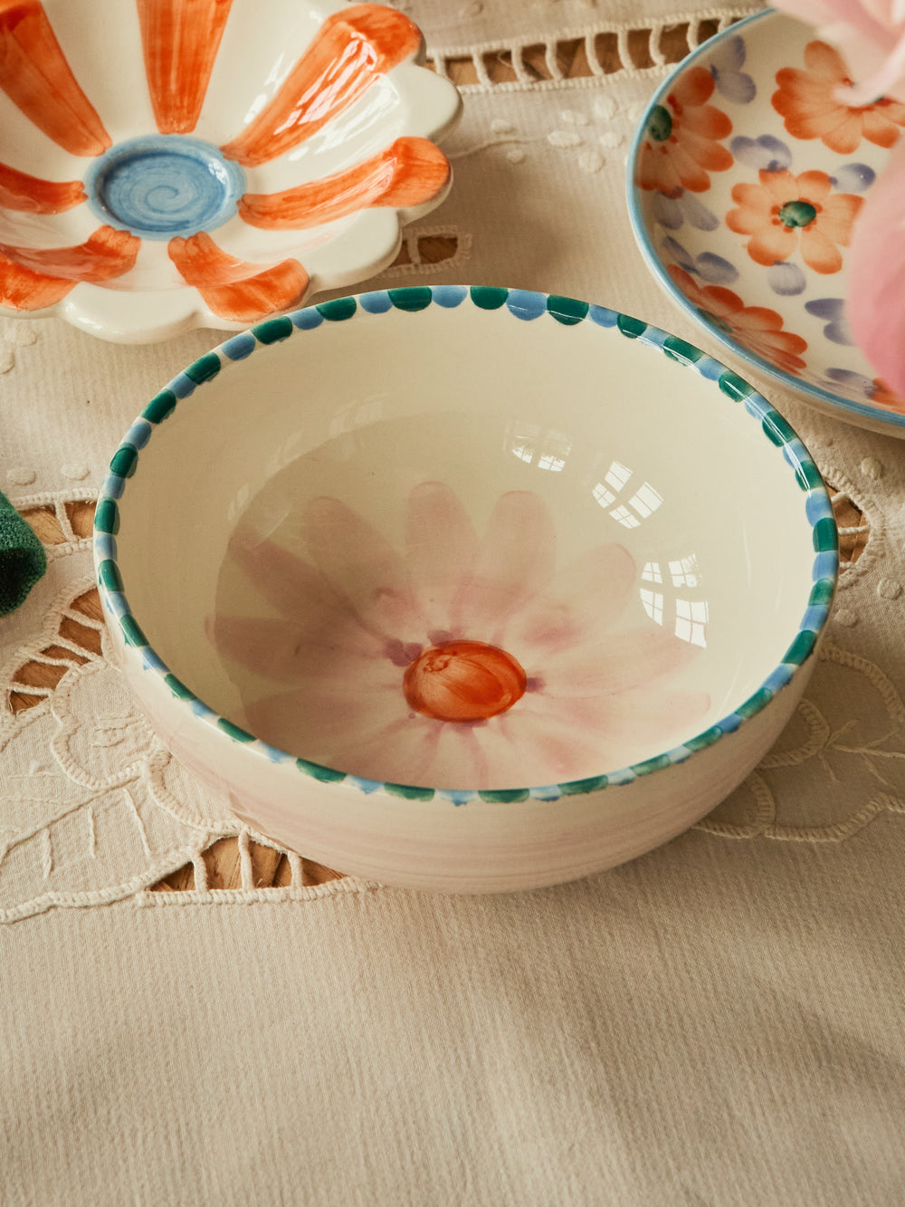 Ceramic Bowl with Hand Painted Soft Pink Flower - 11.8 oz - Rice By Rice