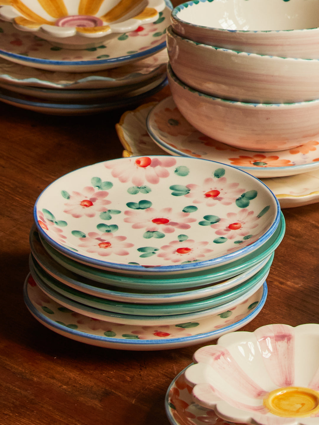 Ceramic Cake Plate with Hand Painted Pink Flowers - Rice By Rice