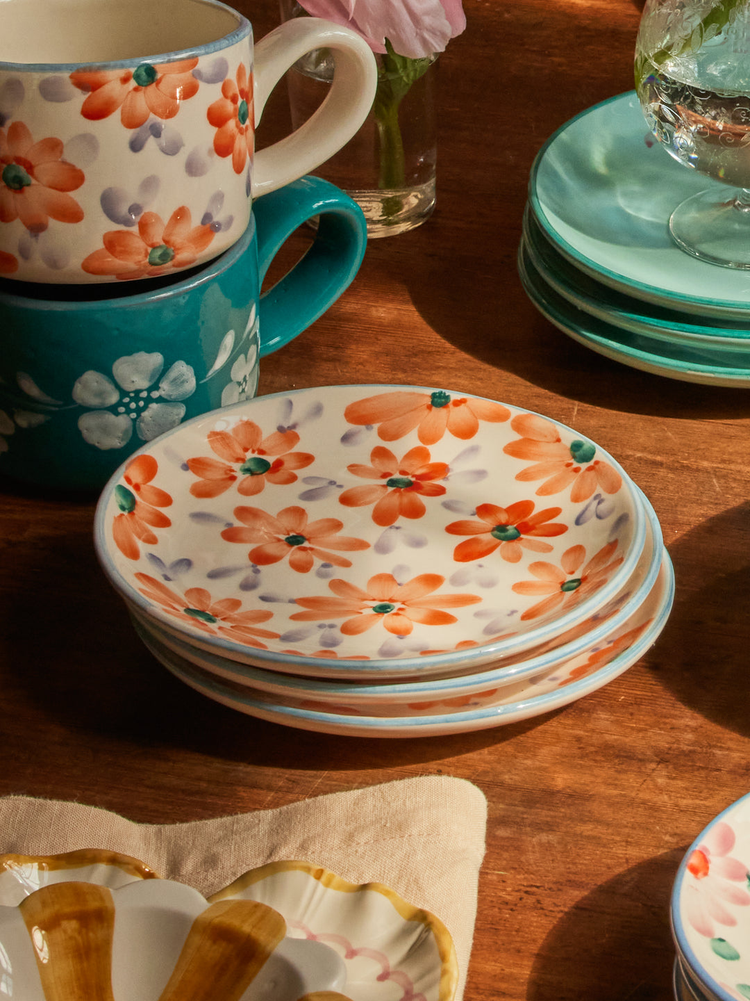 Ceramic Cake Plate with Hand Painted Orange Flowers - Rice By Rice