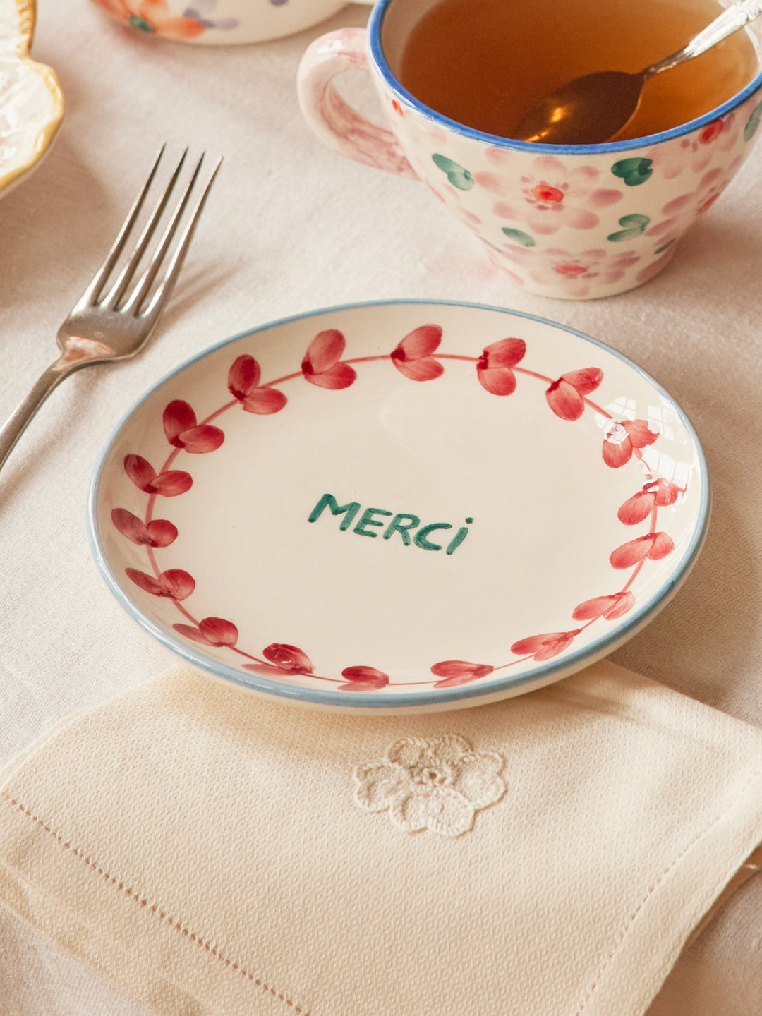 Ceramic Cake Plate with Hand Painted Merci - Rice By Rice