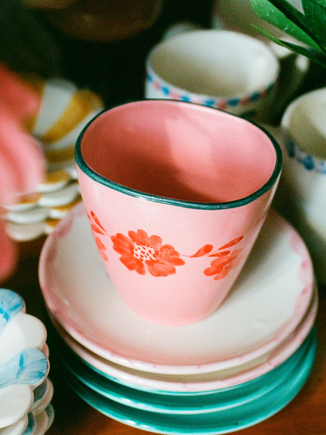 Ceramic Oval Cup with Hand Painted Orange Flower Vine - 10.1 oz - Rice By Rice