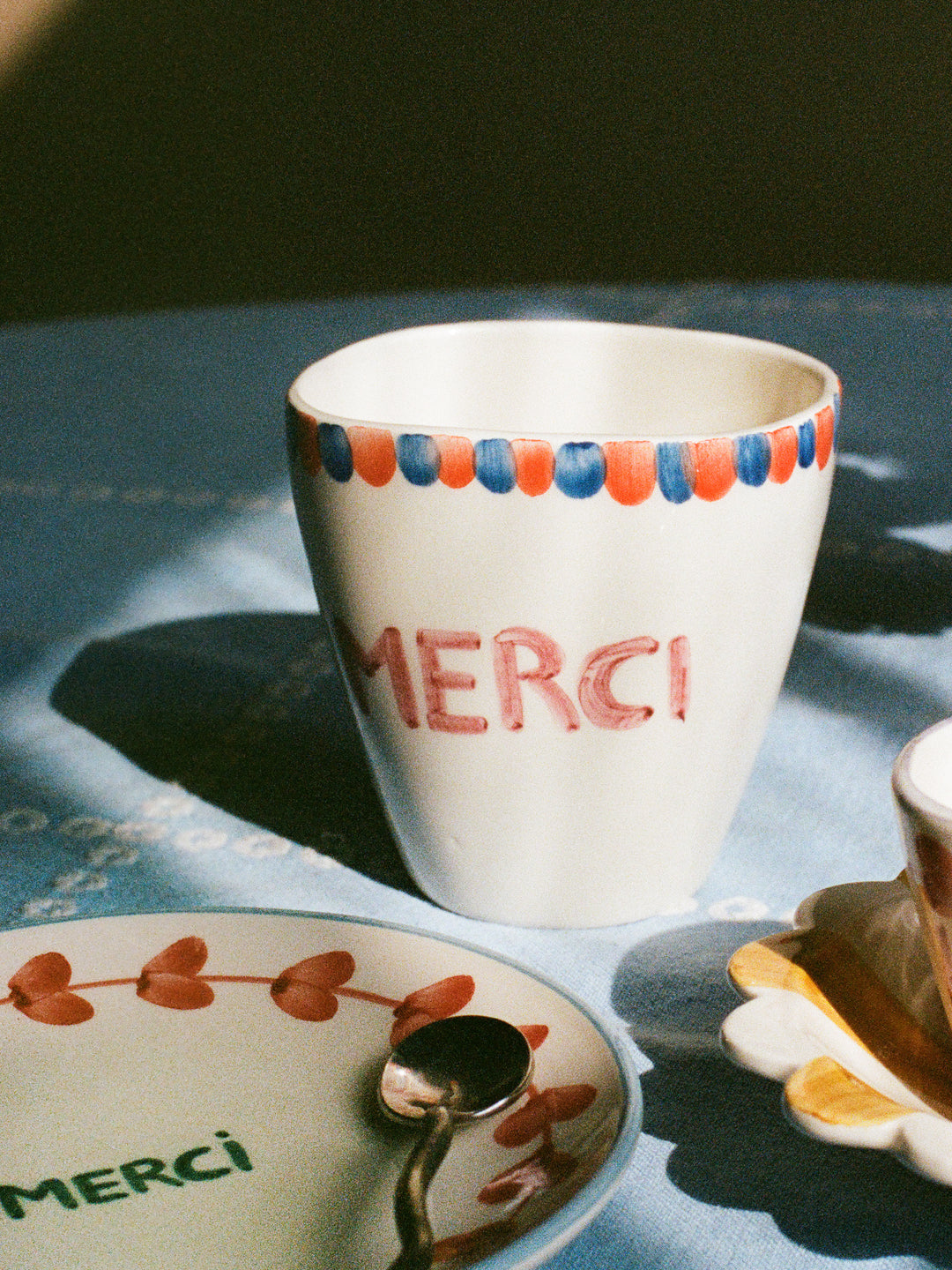 Ceramic Oval Cup with Hand Painted Merci - 10.1 oz - Rice By Rice