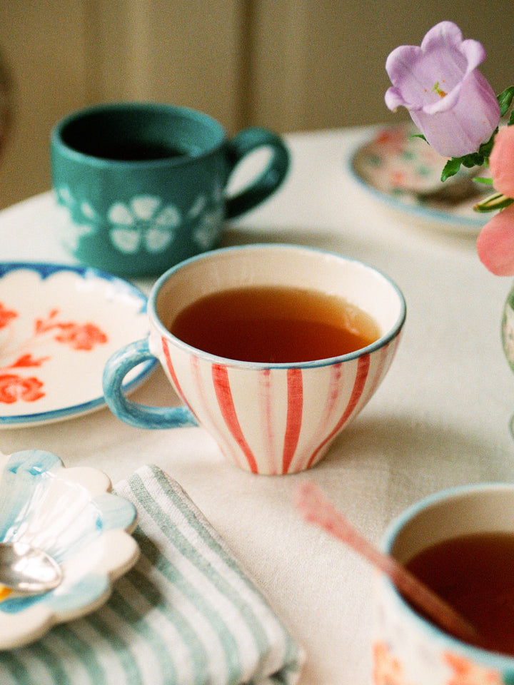 Ceramic Tea Cup with Hand Painted Stripes - 5.0 oz - Rice By Rice