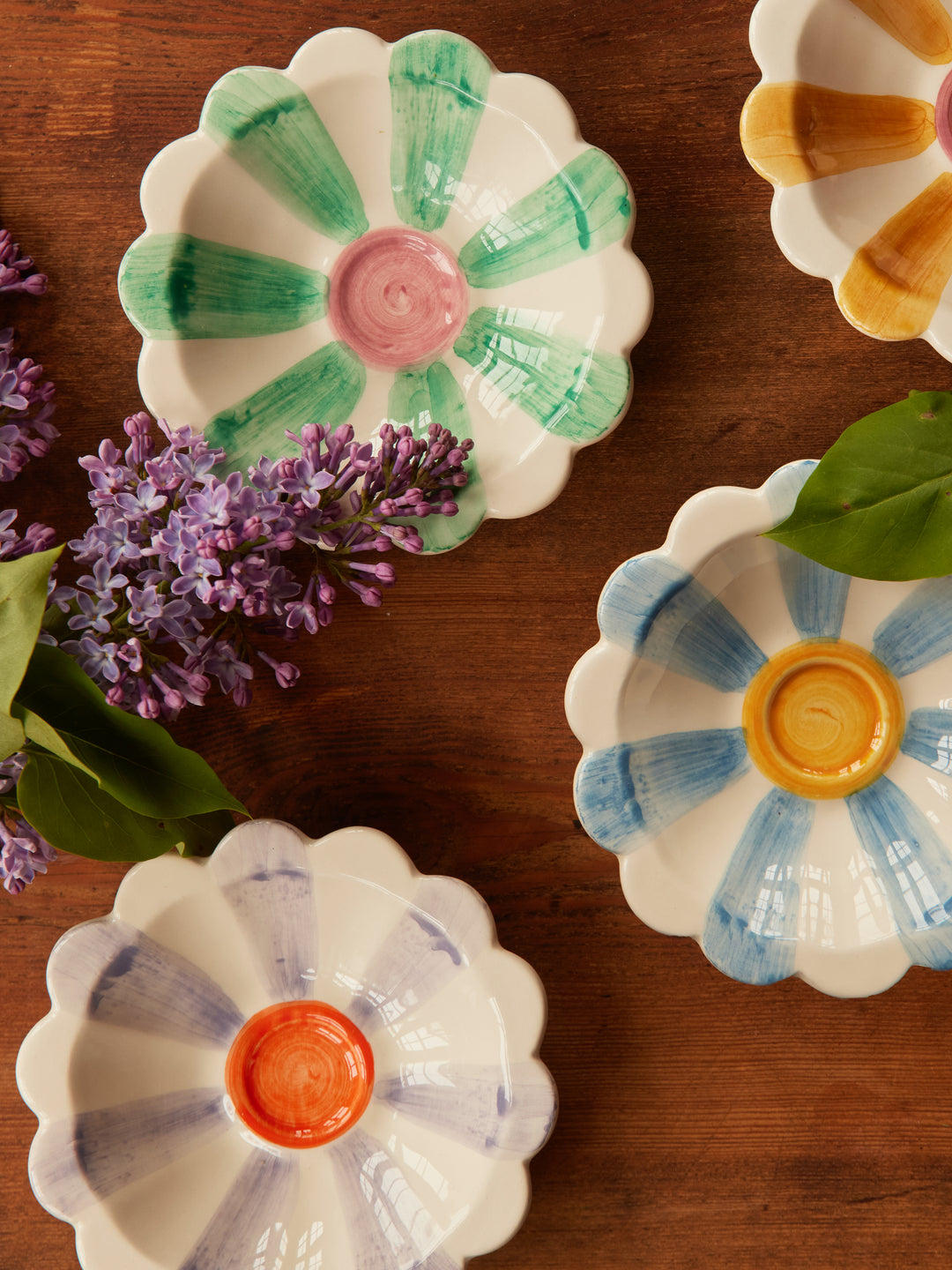 Ceramic Flower Dipping Bowl with Soft Green Hand Painted Stripes - Rice By Rice