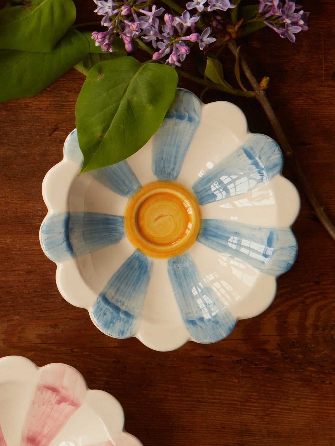 Ceramic Flower Dipping Bowl with Blue Hand Painted Stripes - Rice By Rice