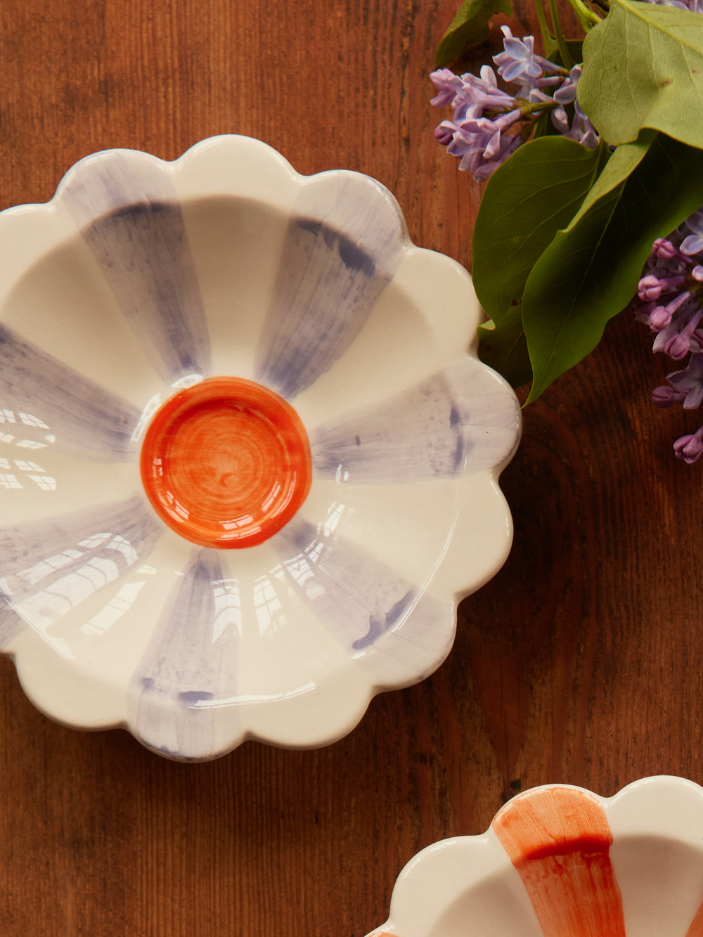 Ceramic Flower Dipping Bowl with Lavender Hand Painted Stripes - Rice By Rice