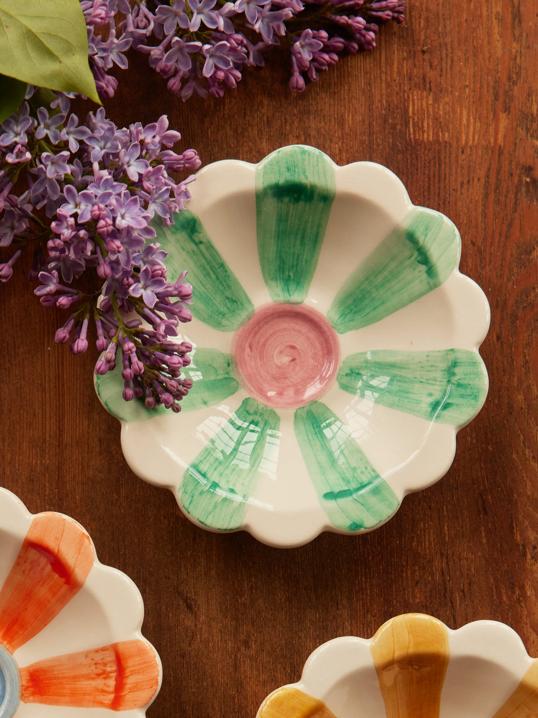 Ceramic Flower Dipping Bowl with Soft Green Hand Painted Stripes - Rice By Rice