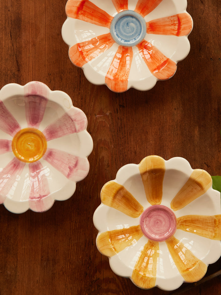 Ceramic Flower Dipping Bowl with Pink Hand Painted Stripes - Rice By Rice