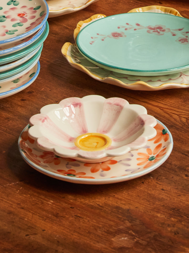 Ceramic Flower Dipping Bowl with Pink Hand Painted Stripes - Rice By Rice