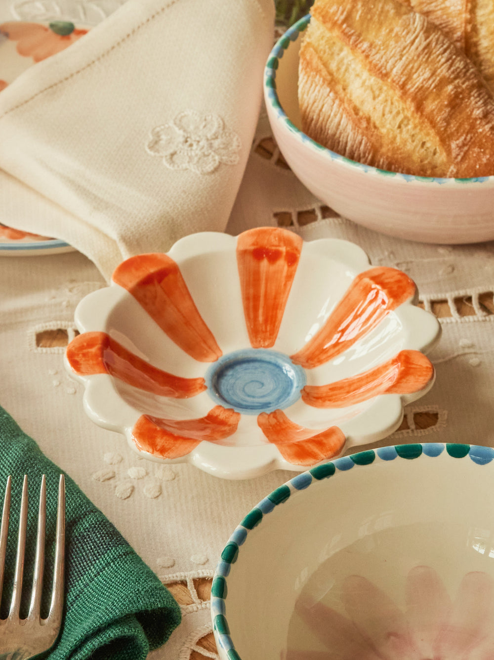 Ceramic Flower Dipping Bowl with Orange Hand Painted Stripes - Rice By Rice