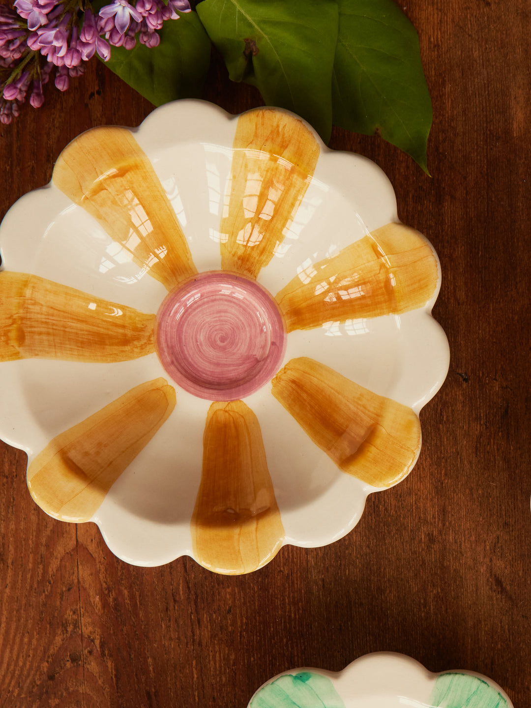 Ceramic Flower Dipping Bowl with Yellow Hand Painted Stripes - Rice By Rice