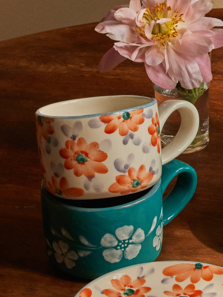 Ceramic Cappuccino Cup with Hand Painted White Flowers Vine - 6.7 oz - Rice By Rice