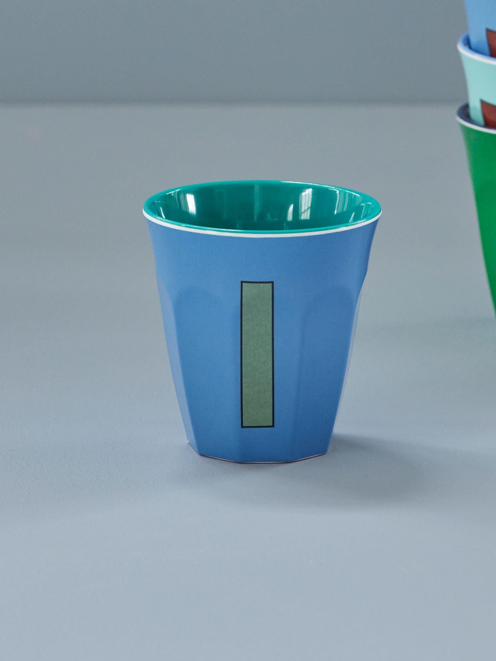 Two Melamine Cups - Medium with Alphabet in Bluish Colors | Letter I - Rice By Rice