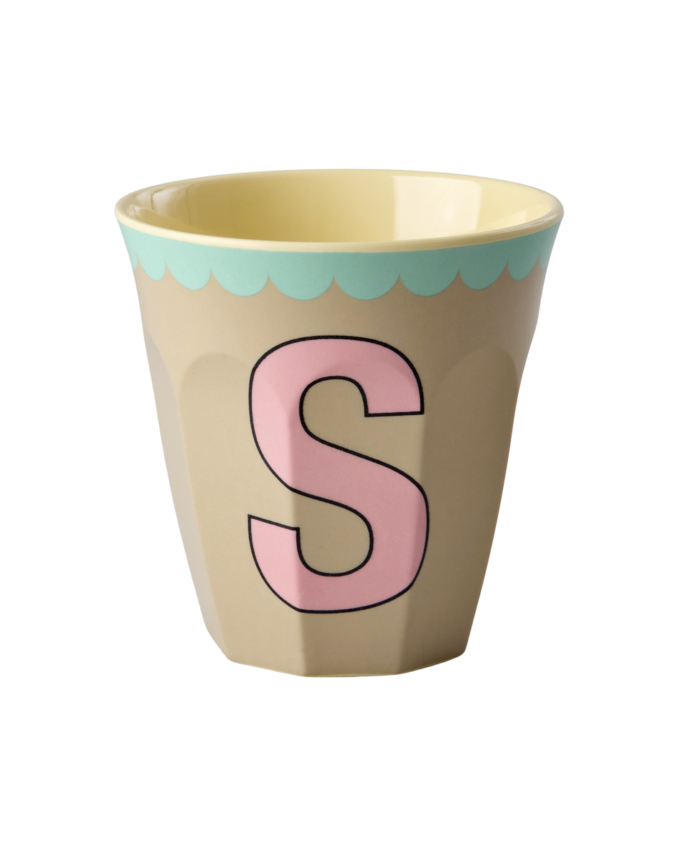 Melamine Cup with the Letter S - Vintage - Beige - Medium - 8.45 oz