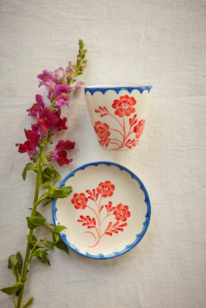 Ceramic Oval Cup with Hand Painted Vintage Flowers - 10.1 oz - Rice By Rice