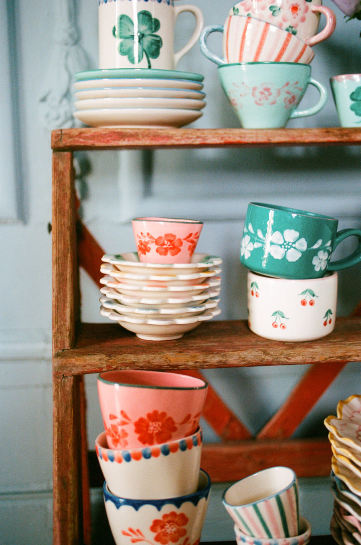 Ceramic Oval Espresso Cup with Hand Painted Orange Flower Vine - 2.4 oz - Rice By Rice