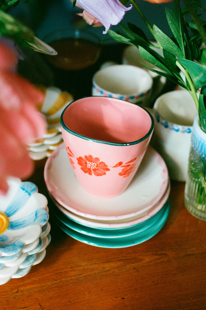 Ceramic Oval Espresso Cup with Hand Painted Orange Flower Vine - 2.4 oz - Rice By Rice