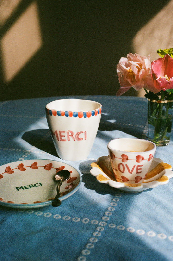 Ceramic Oval Cup with Hand Painted Merci - 10.1 oz - Rice By Rice