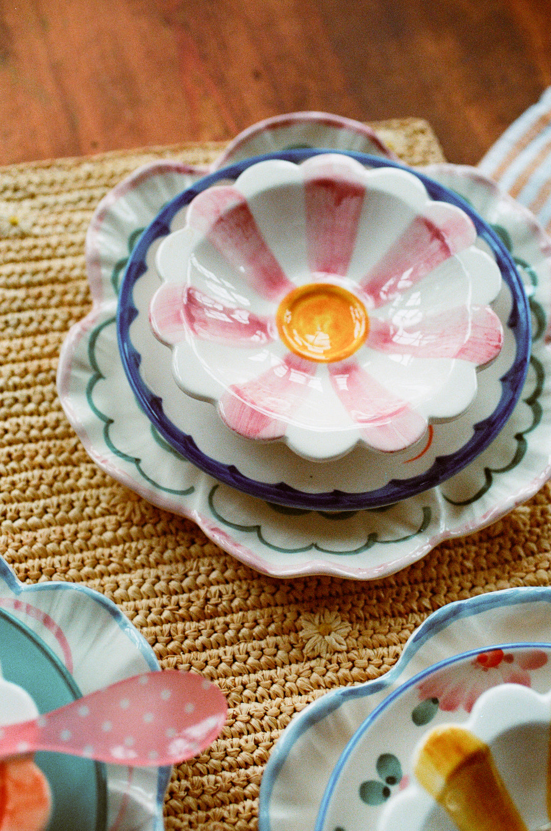 Ceramic Flower Dipping Bowl with Pink Hand Painted Stripes - Rice By Rice