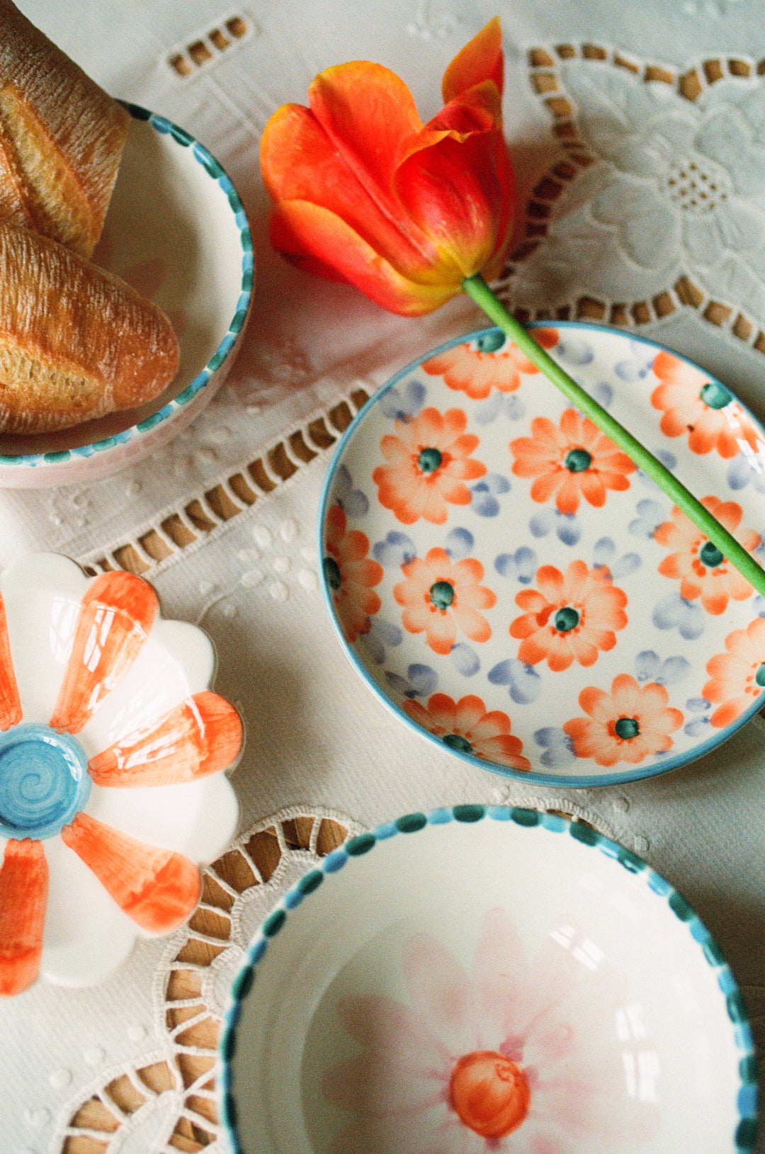 Ceramic Cake Plate with Hand Painted Orange Flowers - Rice By Rice