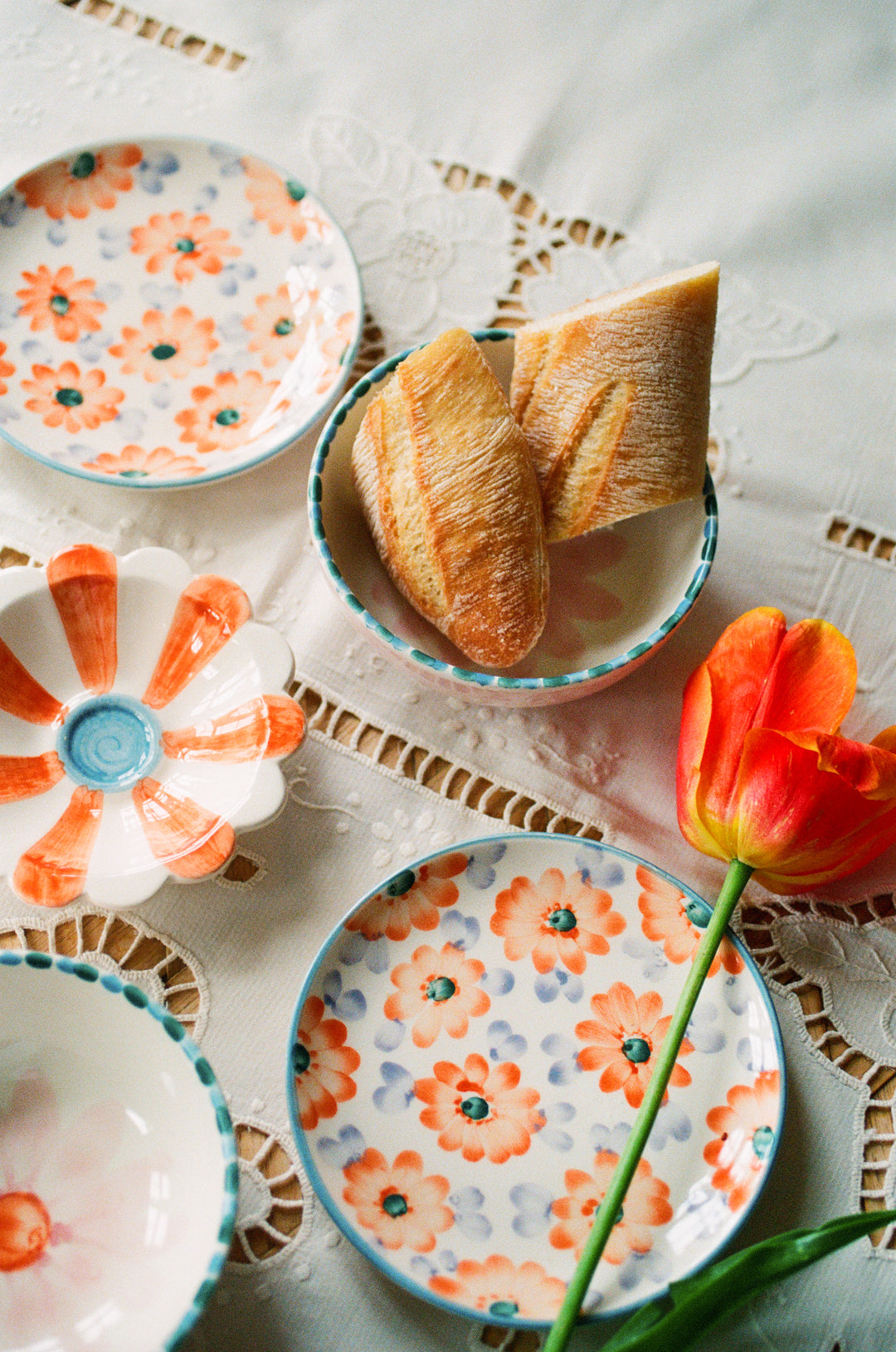 Ceramic Cake Plate with Hand Painted Orange Flowers - Rice By Rice