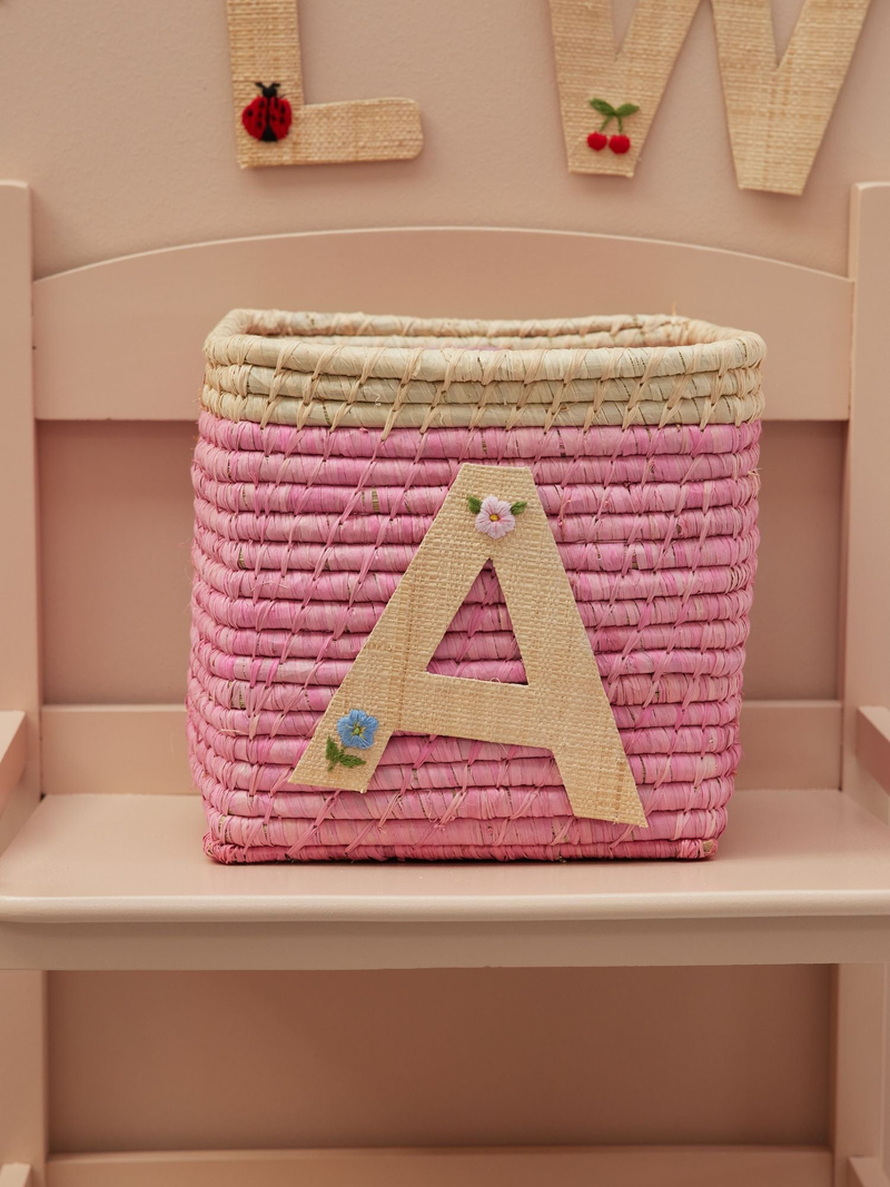 Raffia Basket in Soft Pink in Nature Border with One Raffia Letter - A - Rice By Rice