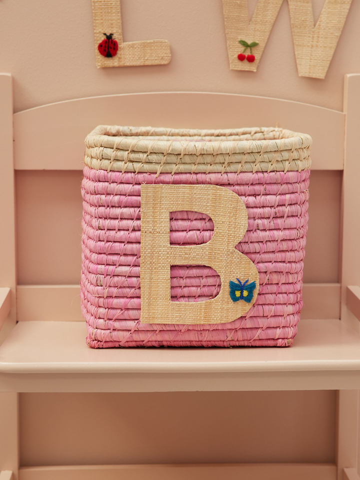 Raffia Basket in Soft Pink in Nature Border with One Raffia Letter - B - Rice By Rice