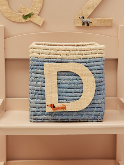 Raffia Basket in Blue with Nature Border with One Raffia Letter - D - Rice By Rice